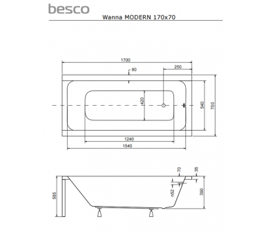 Акриловая ванна BESCO MODERN 170Х70 см.