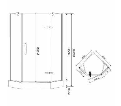 П'ятикутна душова кабіна STEFANI 90x90 на невеликому піддоні