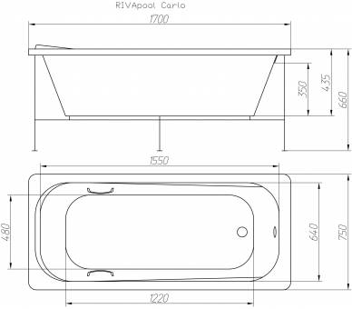 Акриловая ванна Riva Pool Carlo 170x75 см с ручками