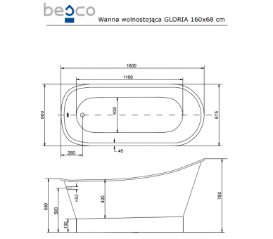 Отдельностоящая ванна BESCO GLORIA NOVA ретро 160х68 с сифоном