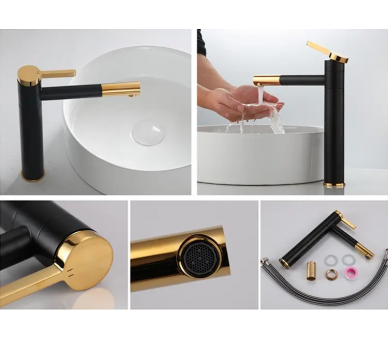 Змішувач для раковини (умивальник) REA SMART BLACK+GOLD чорне золото високе