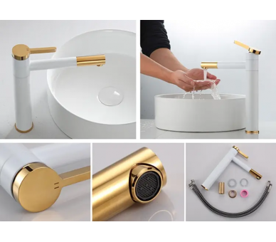Смеситель для раковины (умывальника) REA SMART WHITE GOLD белый золотой высокий