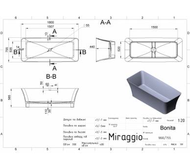 Ванна с искусственного камня Miraggio Bonita 180х75 белая