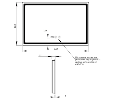 Зеркало Qtap Mideya с LED, часы 800х800