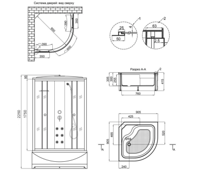 Гидромассажный бокс TANI SBM90x90.SAT.HIGH.FR, высокий, стекло Frost 4мм