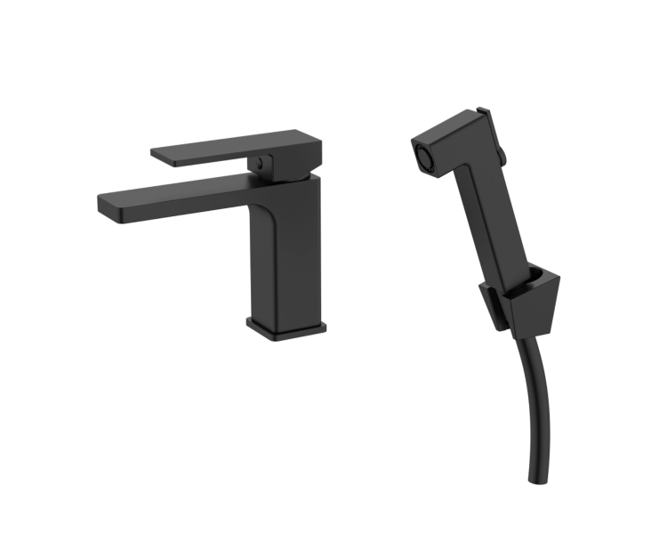 Смеситель для раковины (с гигиеничным душем) Qtap Gemini Black Matt