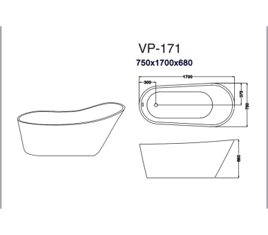 Окремостояча ванна Veronis VP-171 170x75x69 см